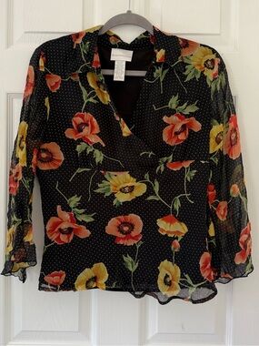 Worthington Black Floral Wrap Blouse with Red and Yellow Poppies
